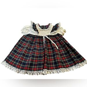 Roanna‎ vintage 12 month pinafore plaid navy, red, green, white and lace trim